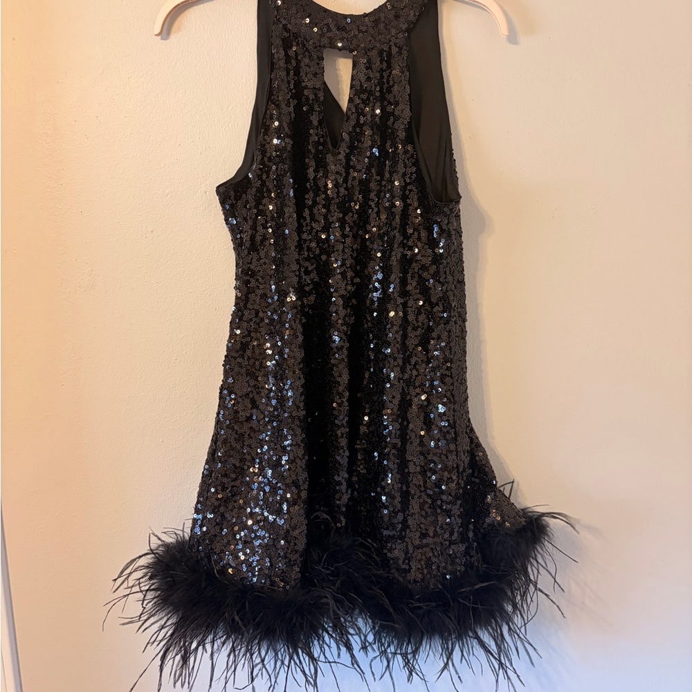 Hutch Black Sequin Feather Hem Formal Dress